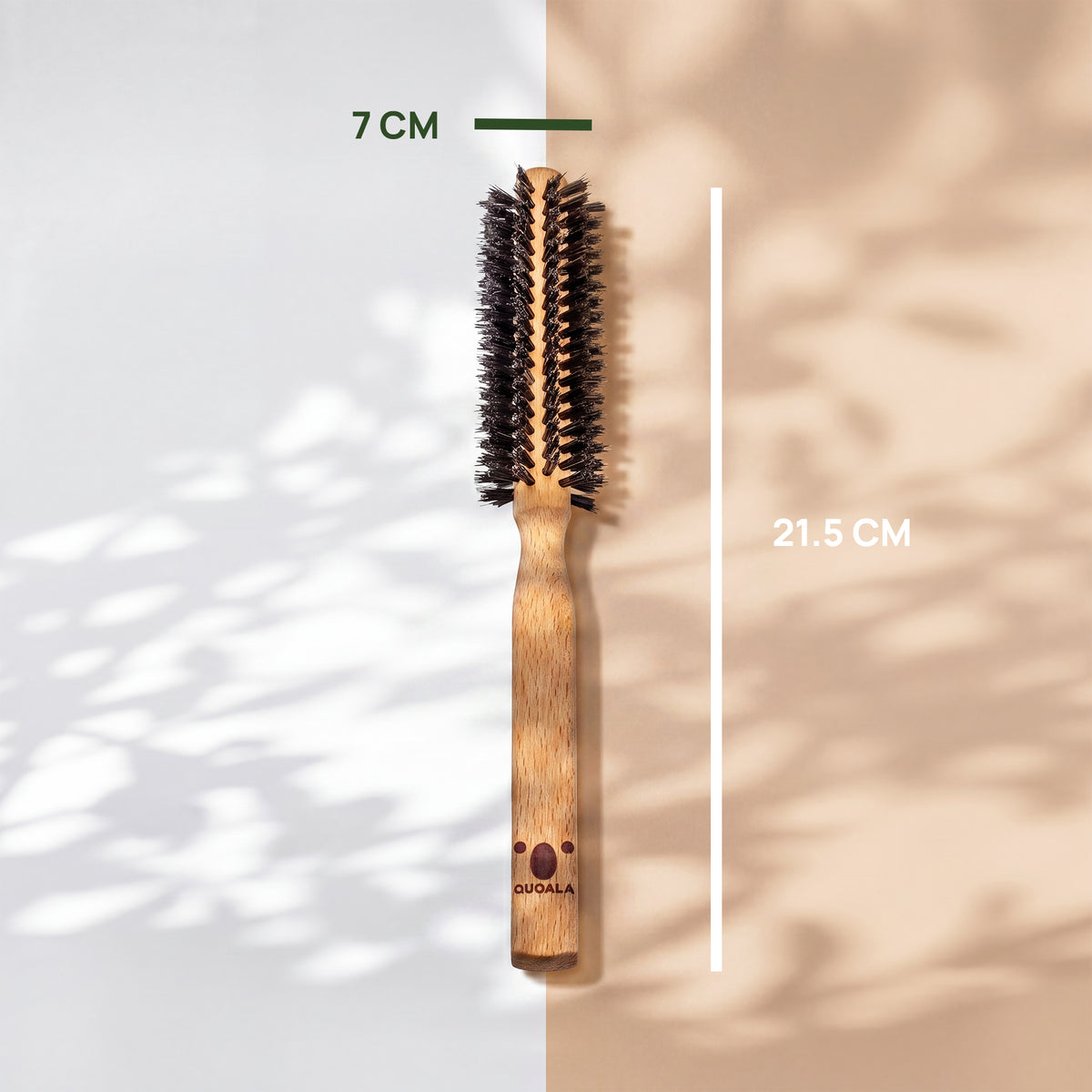 Massgrafik der Föhnbürste: 21,5 cm lang, dazu die Angabe 7 cm.