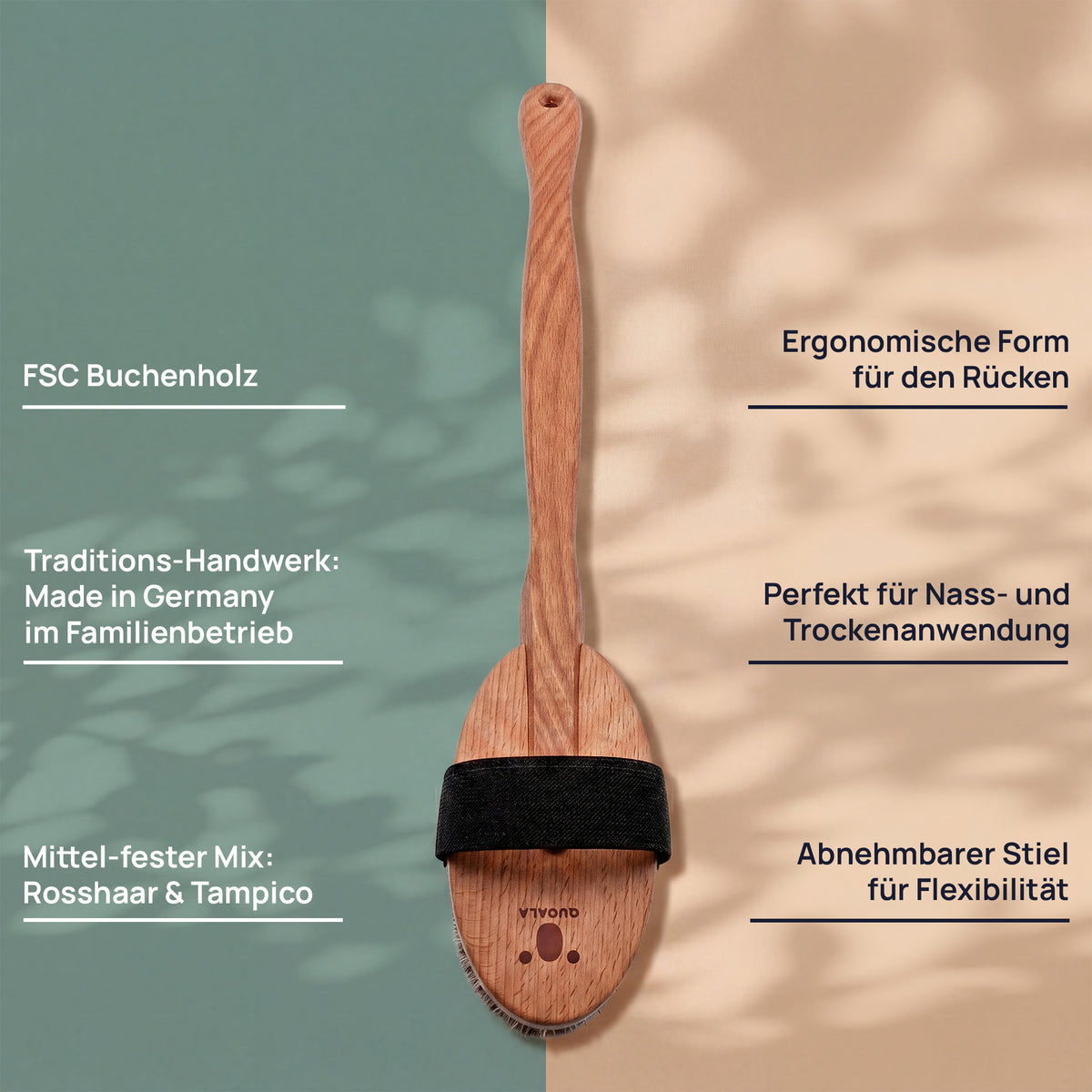 Merkmalgrafik der Badebürste: FSC-Buchenholz, ergonomische Form für den Rücken, abnehmbarer Stiel, mittel-fester Mix aus Rosshaar und Tampico, für nasse und trockene Anwendung und hergestellt in einem deutschen Familienbetrieb.