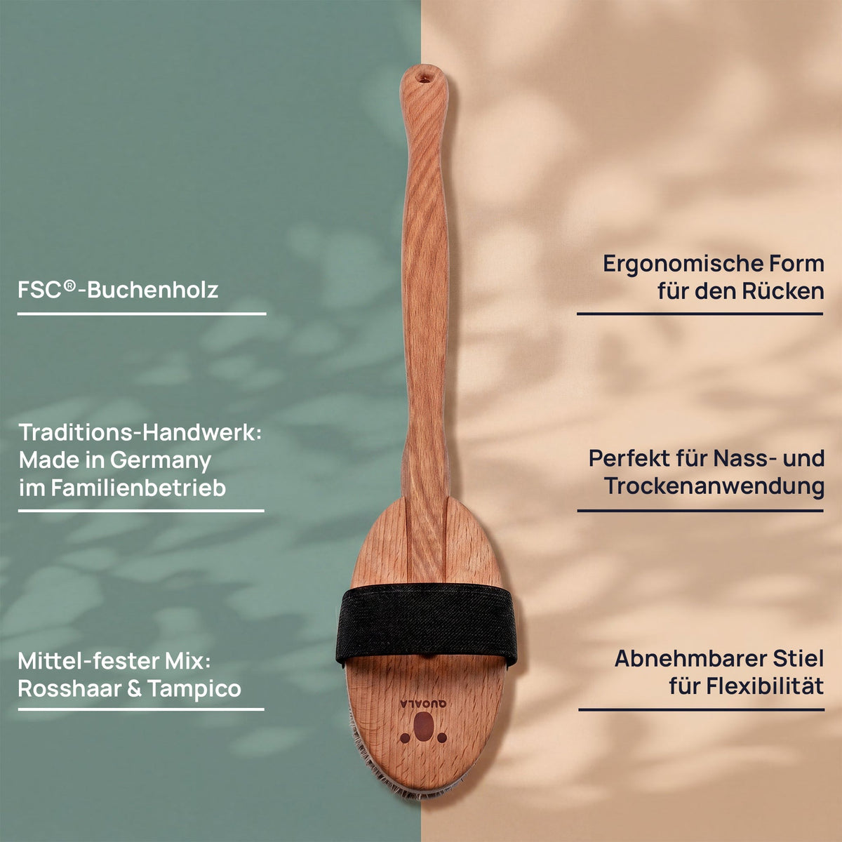 Visuel des caractéristiques de la brosse de bain : hêtre certifié FSC, forme ergonomique pour le dos, manche amovible, mélange mi-ferme de crin de cheval et de tampico, pour une utilisation sèche ou humide et fabriquée dans un atelier familial allemand.