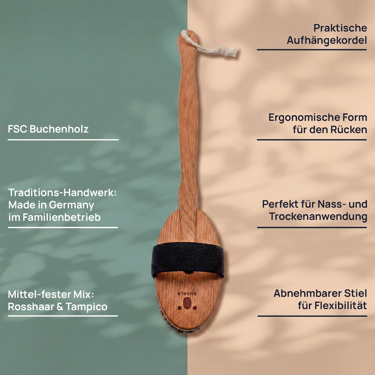 Merkmalgrafik der Badebürste: Aufhängekordel, FSC-Buchenholz, ergonomische Form für den Rücken, abnehmbarer Stiel, mittel-fester Mix aus Rosshaar und Tampico, für nasse und trockene Anwendung und hergestellt in einem deutschen Familienbetrieb.