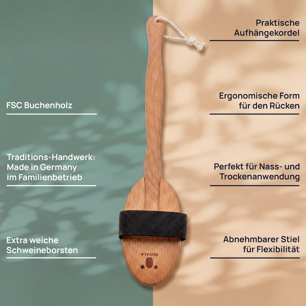 Merkmalgrafik der Badebürste: Aufhängekordel, FSC-Buchenholz, ergonomische Form für den Rücken, abnehmbarer Stiel, extra weiche Schweineborsten, für nasse und trockene Anwendung und hergestellt in einem deutschen Familienbetrieb.