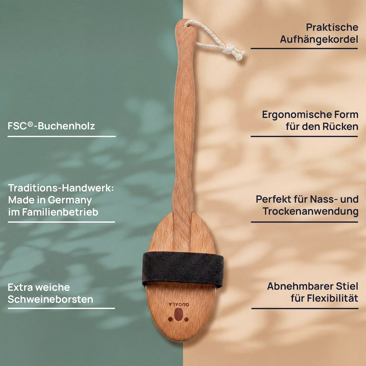 Merkmalgrafik der Badebürste: Aufhängekordel, FSC®-Buchenholz, ergonomische Form für den Rücken, abnehmbarer Stiel, extra weiche Schweineborsten, für nasse und trockene Anwendung und hergestellt in einem deutschen Familienbetrieb.