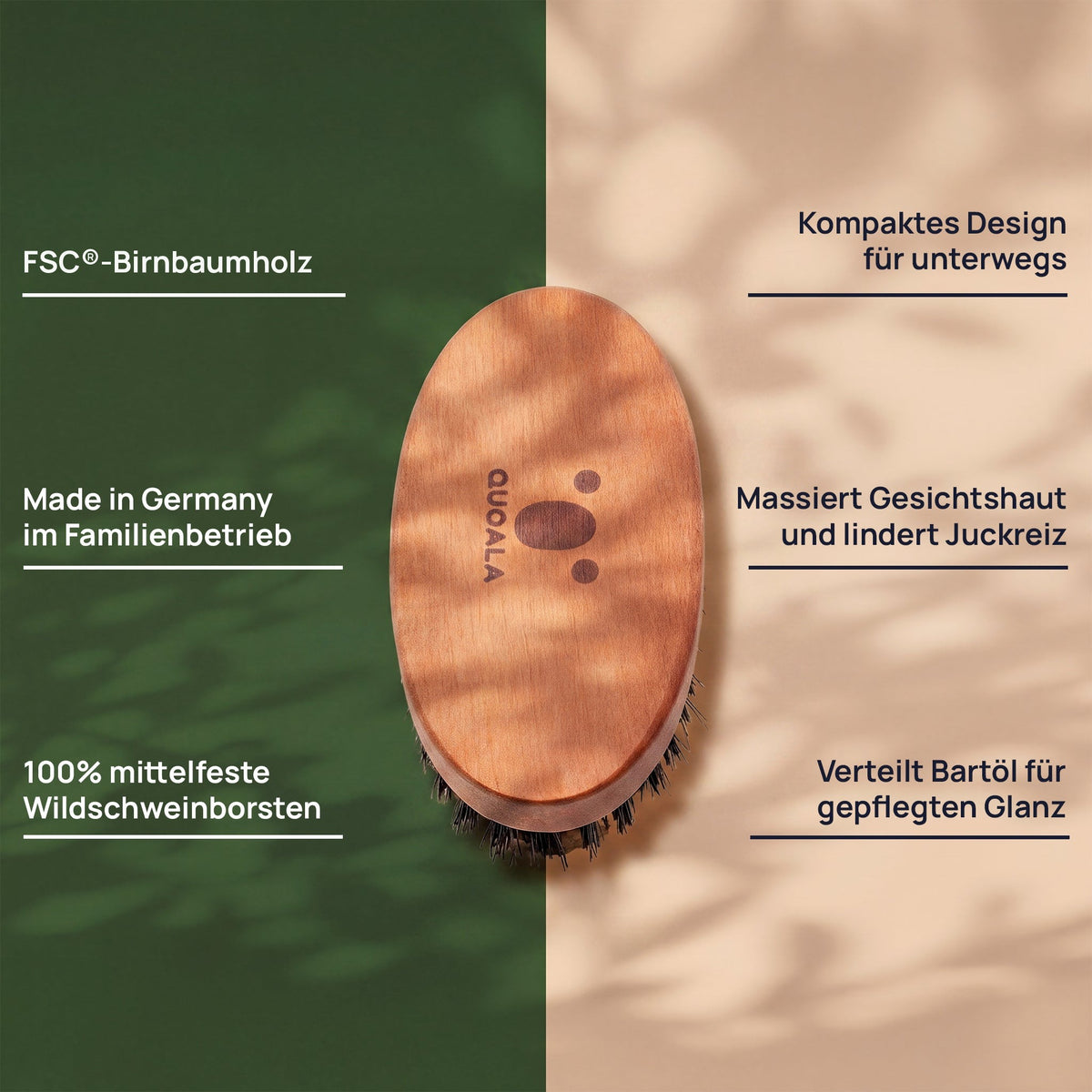 Merkmalgrafik der Bartbürste: FSC®-Birnbaumholz, kompakte Grösse für unterwegs, 100 % mittelfeste Wildschweinborsten, verteilt Bartöl für gepflegten Glanz und hergestellt in einem deutschen Familienbetrieb.