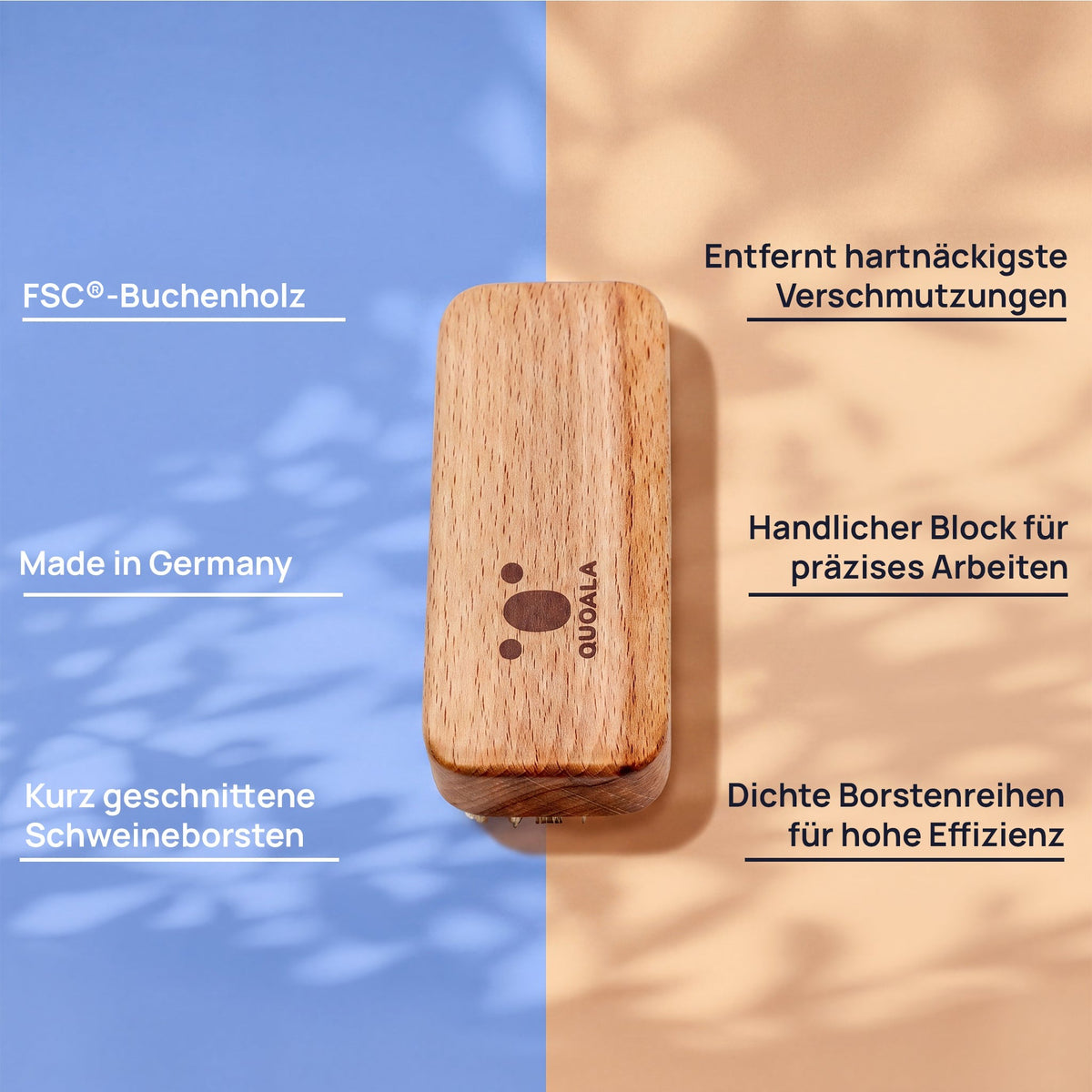 Features graphic for the workshop hand brush: FSC-certified beech, removes the most stubborn dirt, handy block for precise work, short-cut pig bristles, dense bristle rows for high efficiency and made in Germany.