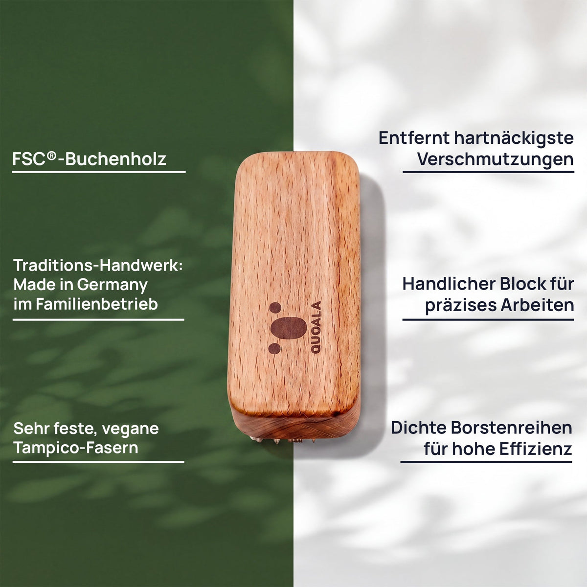 Merkmalgrafik der Handwerkerbürste: FSC®-Buchenholz, entfernt hartnäckigste Verschmutzungen, handlicher Block für präzises Arbeiten, sehr feste, vegane Tampico-Fasern, dichte Faserreihen für hohe Effizienz und hergestellt in einem deutschen Familienbetrieb.