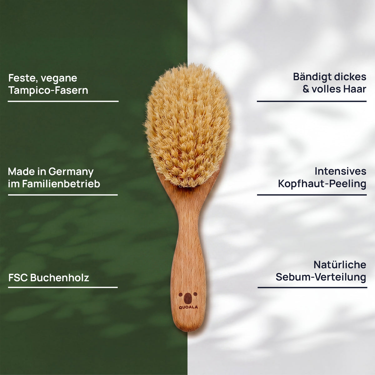 Merkmalgrafik der Haarbürste: FSC-Buchenholz, feste, vegane Tampico-Fasern, bändigt dickes und volles Haar, intensives Kopfhaut-Peeling, natürliche Sebum-Verteilung und hergestellt in einem deutschen Familienbetrieb.