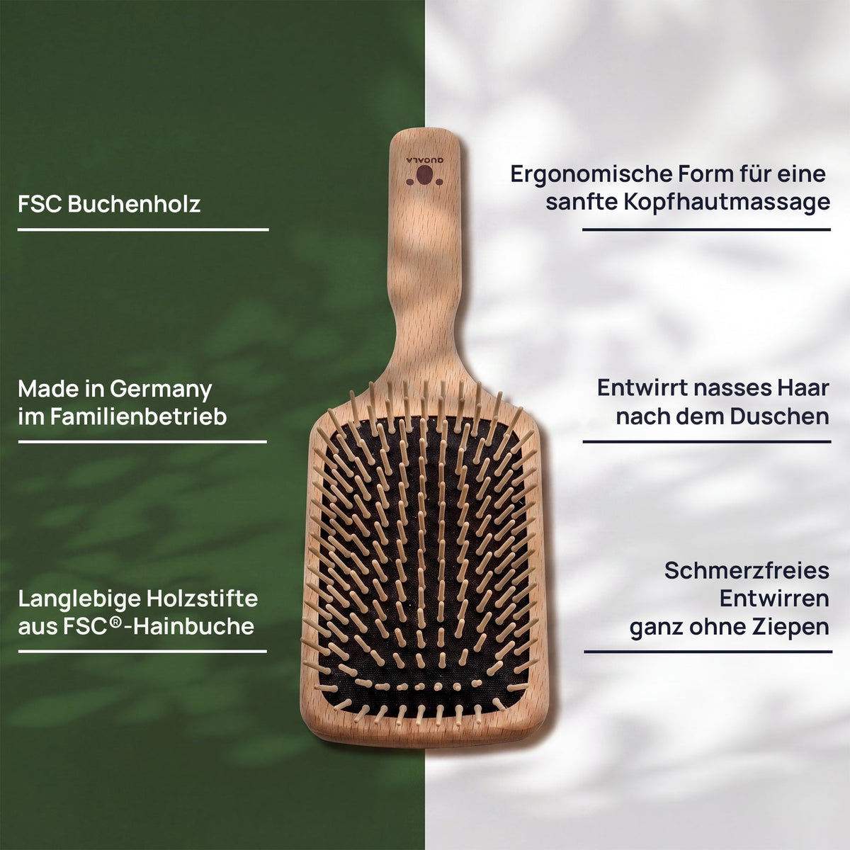 Visuel des caractéristiques de la brosse plate à cheveux : hêtre certifié FSC, forme ergonomique pour un massage doux du cuir chevelu, picots durables en bois de charme certifié FSC, démêlage sans tirer ni faire mal et fabriquée dans un atelier familial allemand.
