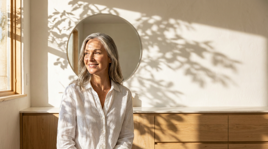 Frau beim Trockenbürsten — tägliches Longevity-Ritual 2026 mit QUOALA Naturborsten-Bürste