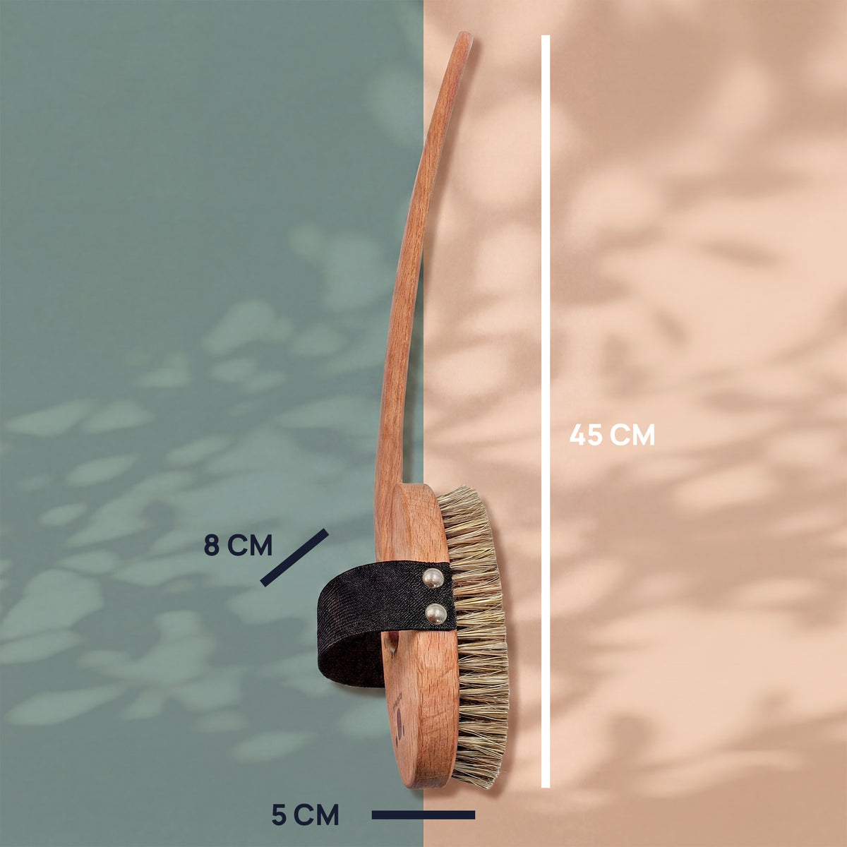 Massgrafik der Badebürste: 45 cm lang, Bürstenkopf 8 cm hoch und 5 cm breit.