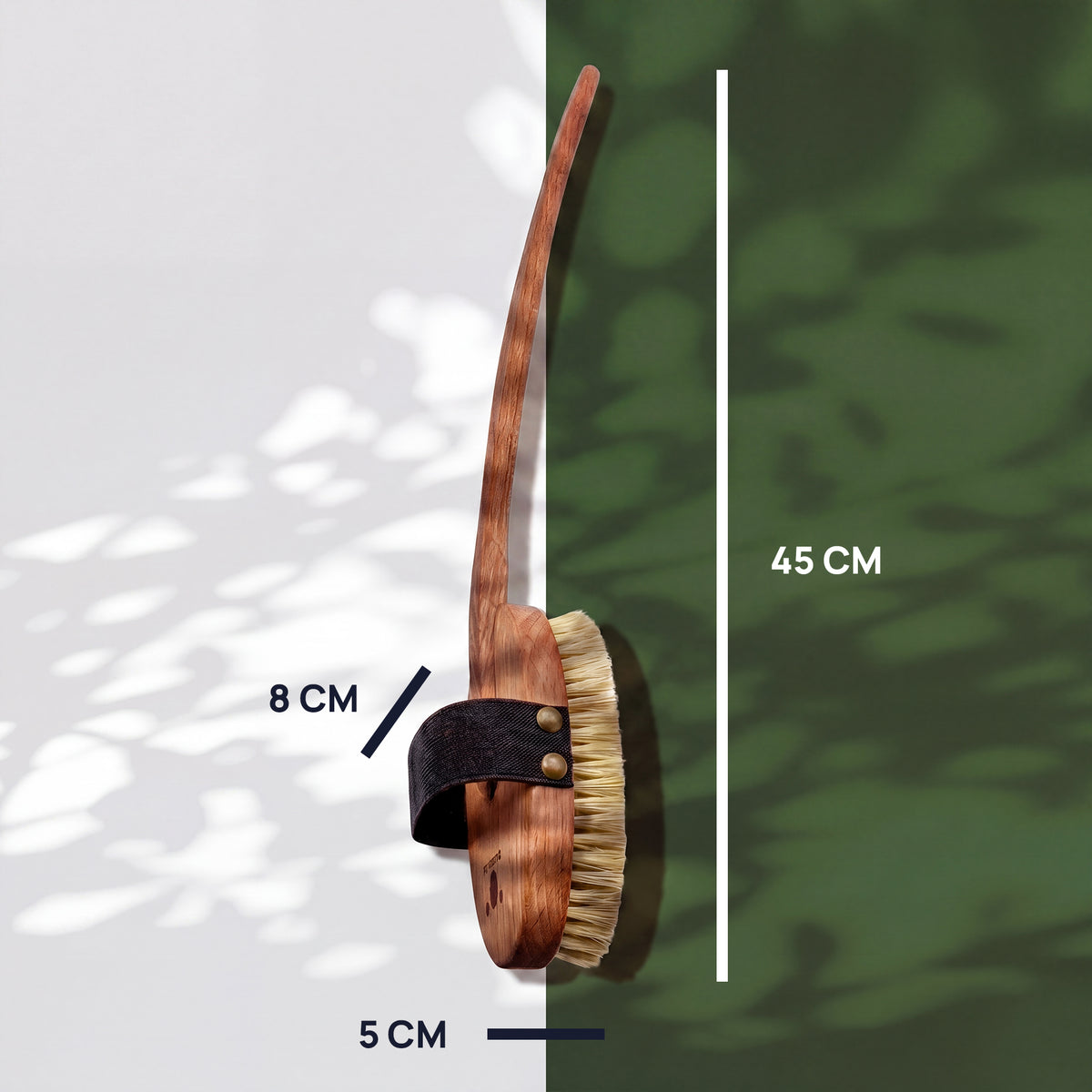 Massgrafik der Badebürste: 45 cm lang, Bürstenkopf 8 cm hoch und 5 cm breit.