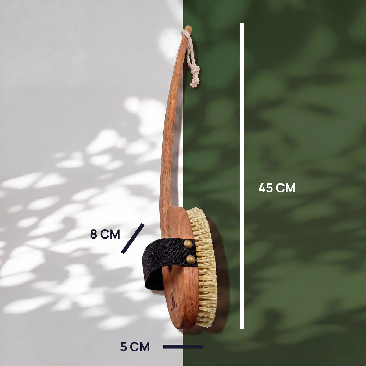 Massgrafik der Badebürste: 45 cm lang, Bürstenkopf 8 cm hoch und 5 cm breit.