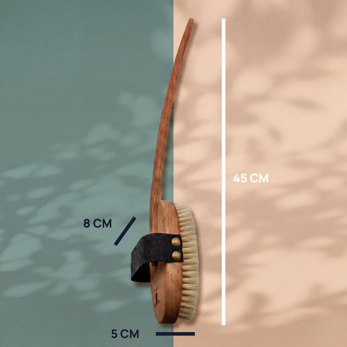 Massgrafik der Badebürste: 45 cm lang, Bürstenkopf 8 cm hoch und 5 cm breit.