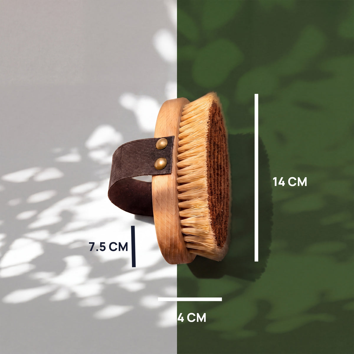 Massgrafik der Trockenbürste: 14 cm lang, 4 cm dick im Profil, dazu die Angabe 7,5 cm.