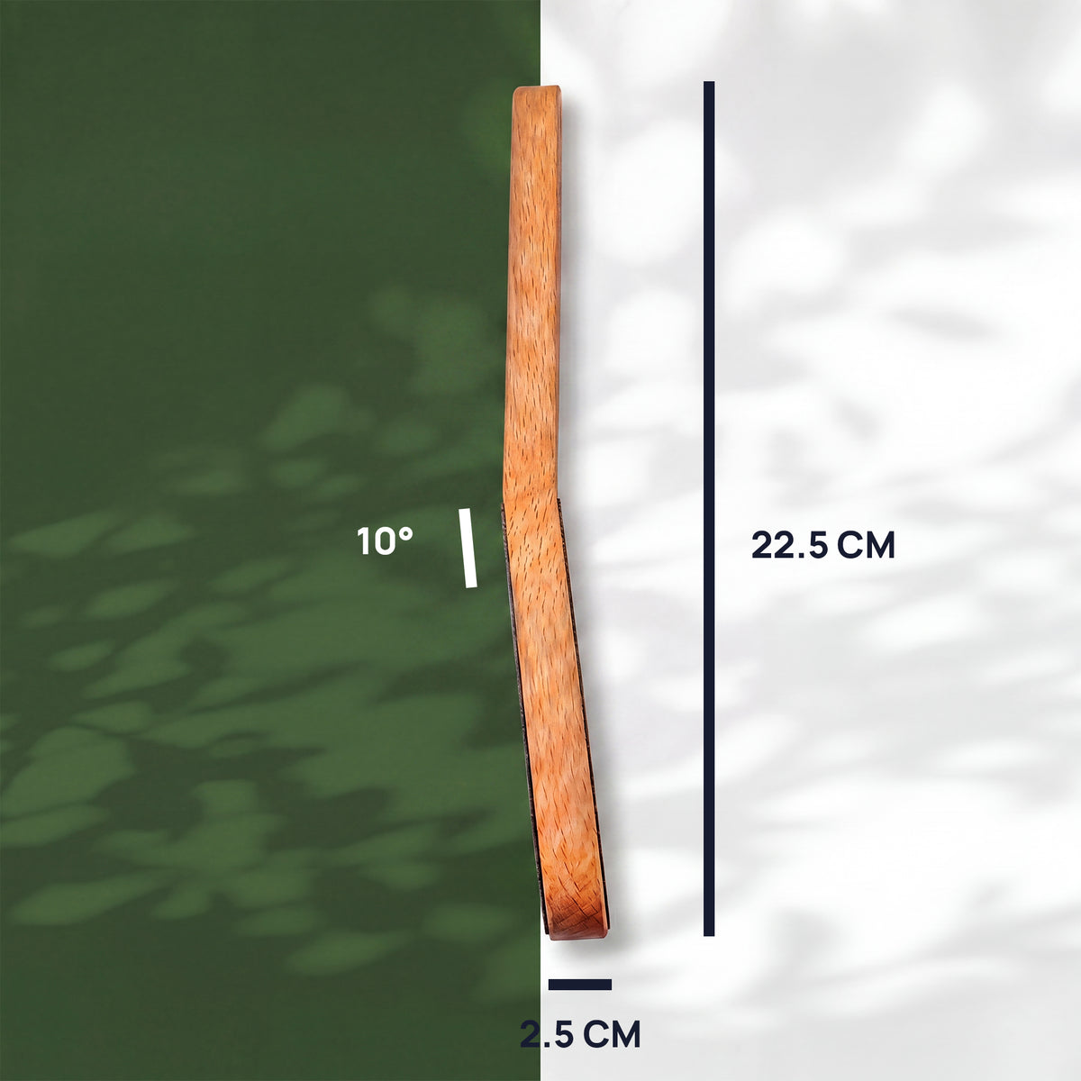 Massgrafik der Pediküre-Fussfeile: 22,5 cm lang, Feile 2,5 cm breit, Feilenkopf um 10 Grad abgewinkelt.