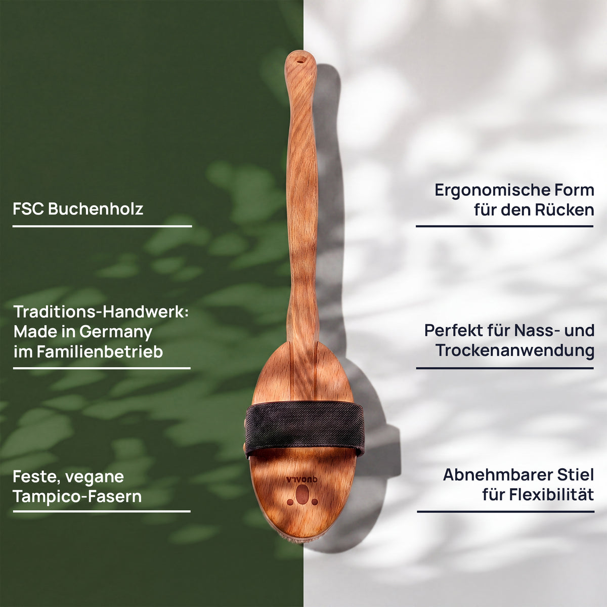 Merkmalgrafik der Badebürste: FSC-Buchenholz, ergonomische Form für den Rücken, abnehmbarer Stiel, feste, vegane Tampico-Fasern, für nasse und trockene Anwendung und hergestellt in einem deutschen Familienbetrieb.