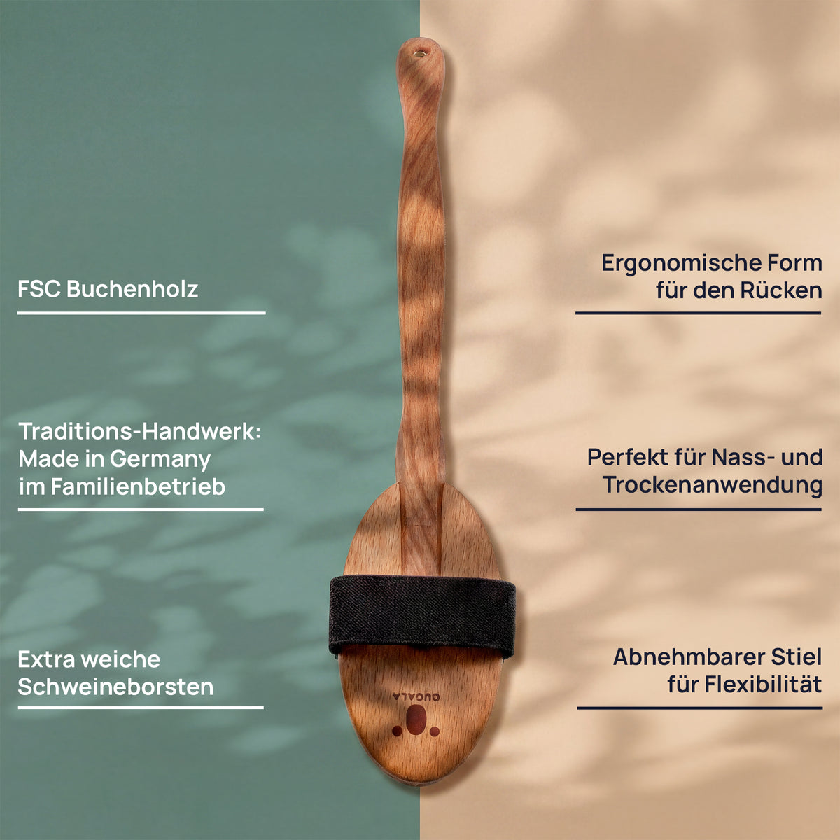 Merkmalgrafik der Badebürste: FSC-Buchenholz, ergonomische Form für den Rücken, abnehmbarer Stiel, extra weiche Schweineborsten, für nasse und trockene Anwendung und hergestellt in einem deutschen Familienbetrieb.