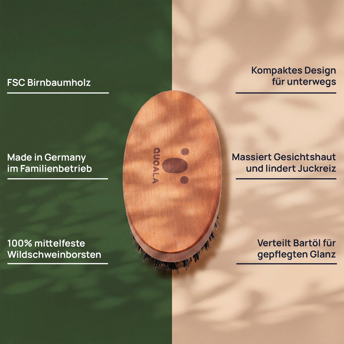Merkmalgrafik der Bartbürste: FSC-Birnbaumholz, kompakte Grösse für unterwegs, 100 % mittelfeste Wildschweinborsten, verteilt Bartöl für gepflegten Glanz und hergestellt in einem deutschen Familienbetrieb.