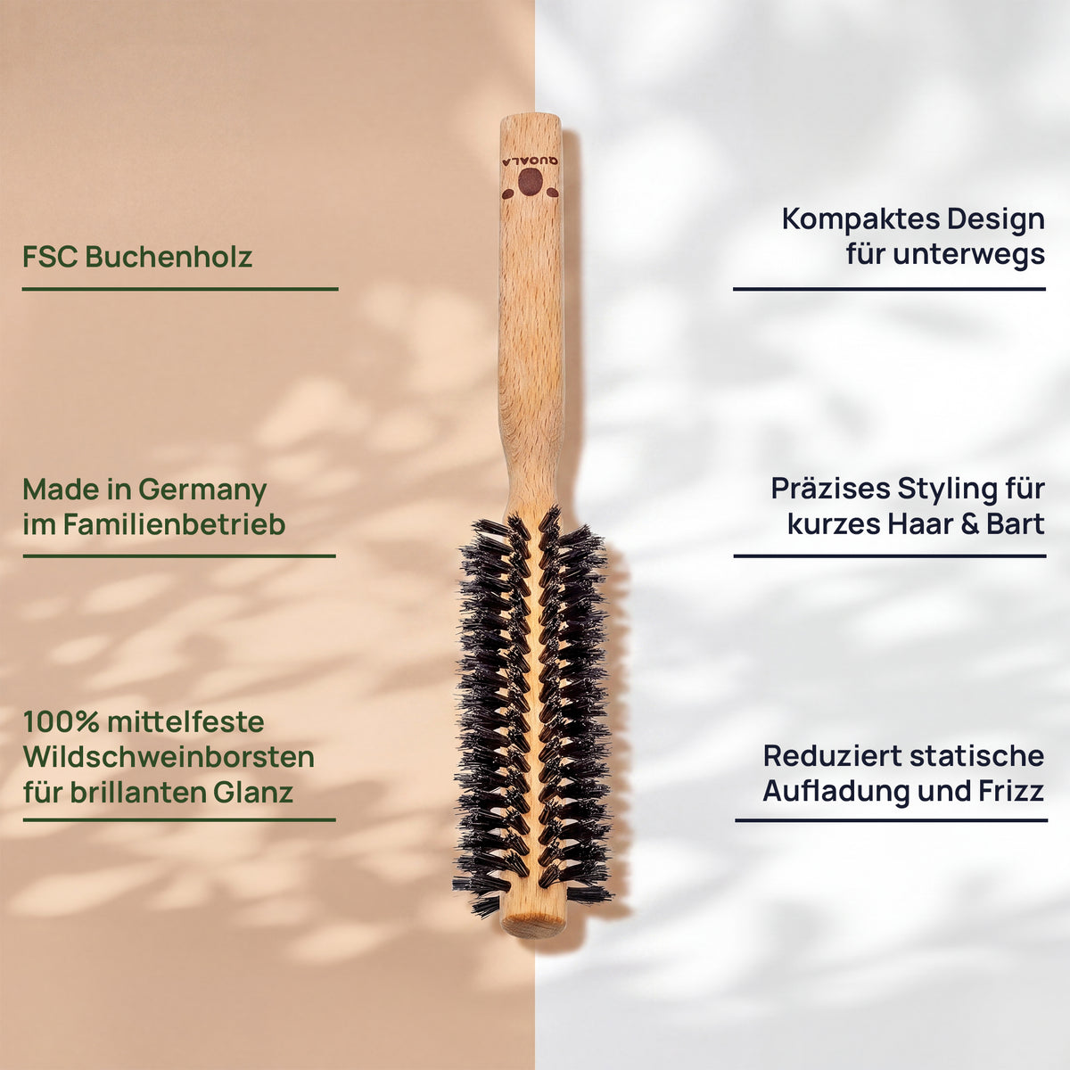 Merkmalgrafik der Föhnbürste: FSC-Buchenholz, kompakte Grösse für unterwegs, präzises Styling für kurzes Haar und Bart, 100 % mittelfeste Wildschweinborsten für brillanten Glanz und hergestellt in einem deutschen Familienbetrieb.