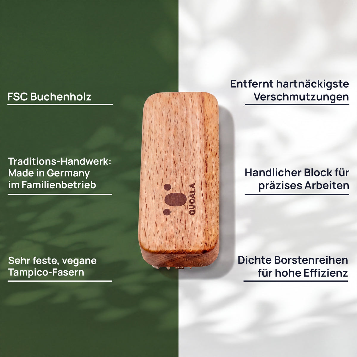 Merkmalgrafik der Handwerkerbürste: FSC-Buchenholz, entfernt hartnäckigste Verschmutzungen, handlicher Block für präzises Arbeiten, sehr feste, vegane Tampico-Fasern, dichte Faserreihen für hohe Effizienz und hergestellt in einem deutschen Familienbetrieb.