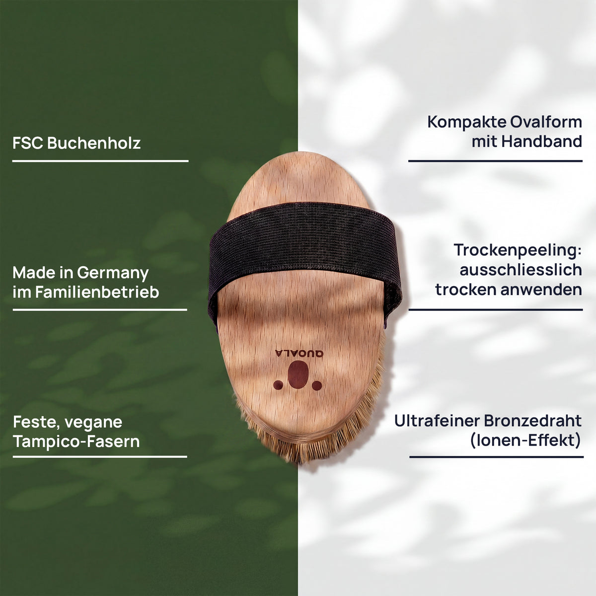 Merkmalgrafik der Trockenbürste: FSC-Buchenholz, kompakte Ovalform mit Handschlaufe, nur trocken anwenden, feste, vegane Tampico-Fasern, ultrafeiner Bronzedraht und hergestellt in einem deutschen Familienbetrieb.