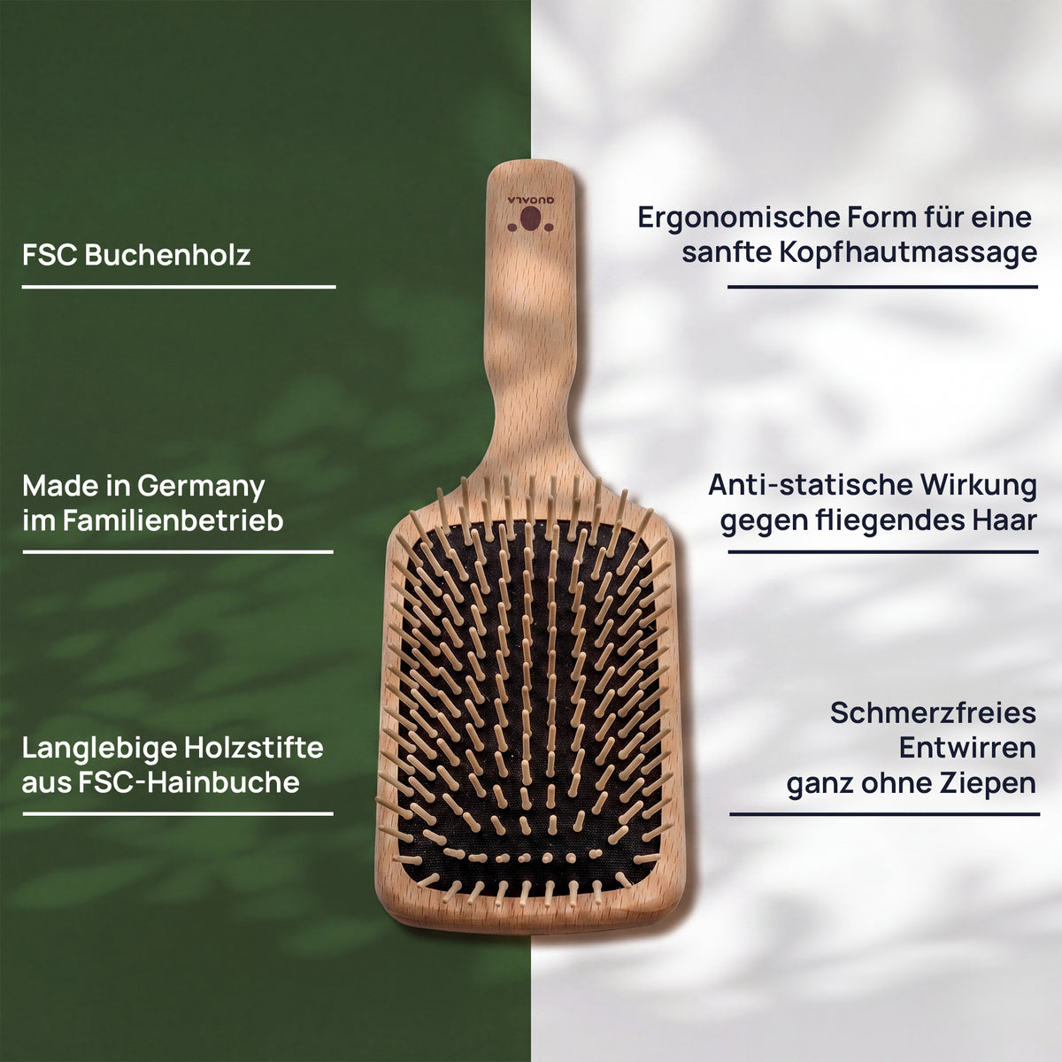 Merkmalgrafik der Paddle-Haarbürste: FSC-Buchenholz, ergonomische Form für eine sanfte Kopfhautmassage, langlebige Holzstifte aus FSC-Hainbuche, schmerzfreies Entwirren ohne Ziepen und hergestellt in einem deutschen Familienbetrieb.