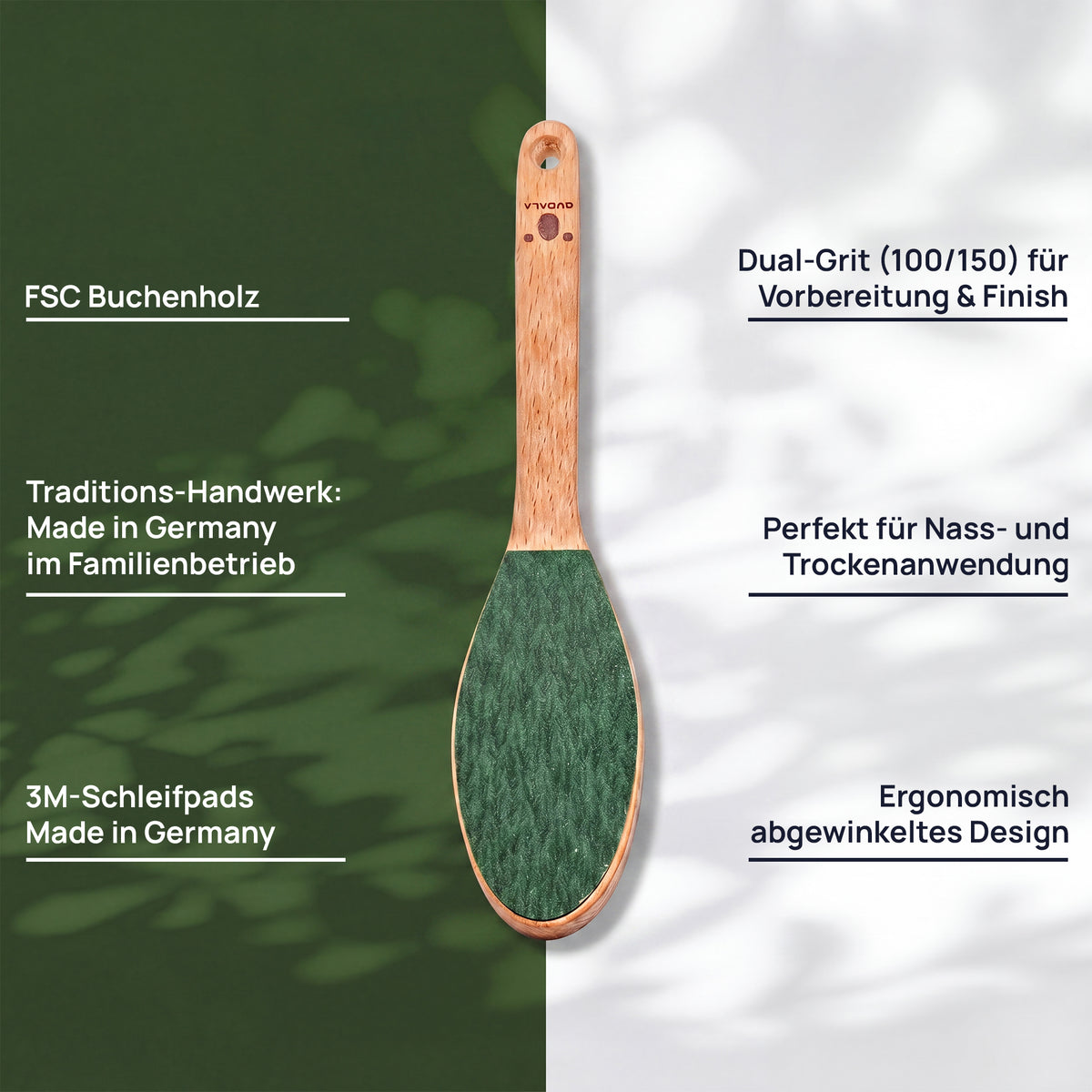 Merkmalgrafik der Pediküre-Fussfeile: FSC-Buchenholz, Doppelkörnung 100/150 für Vorbereitung und Finish, in Deutschland gefertigte 3M-Schleifpads, ergonomisch abgewinkeltes Design, für nasse und trockene Anwendung und hergestellt in einem deutschen Familienbetrieb.